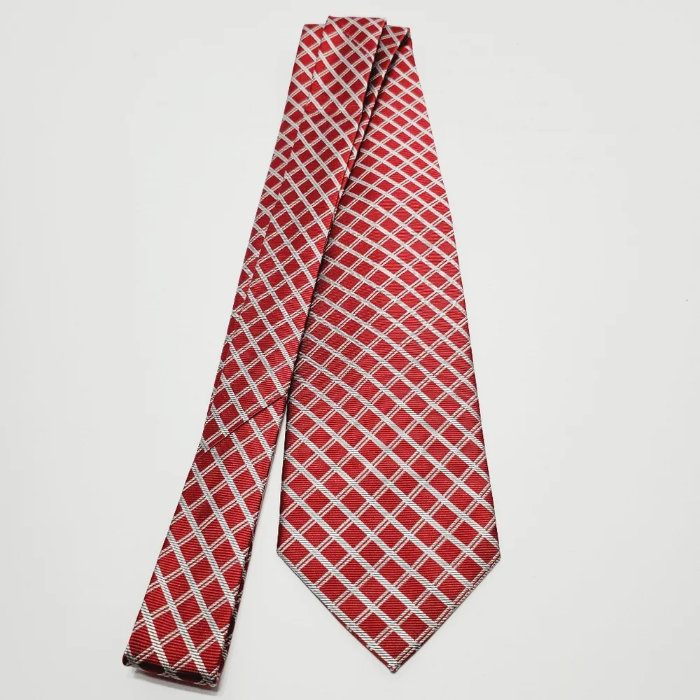 Jos. A. Bank Necktie Red & Silver Geometric Pattern Men's Repp Silk Neck Tie - Picture 2 of 5